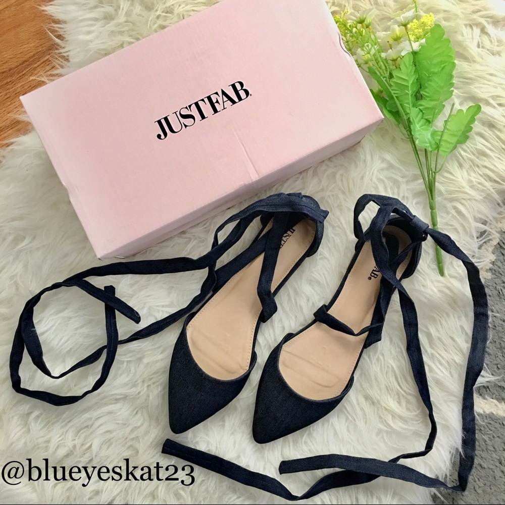 NWT Denim Color Fabric Pointy Toe Ankle Tie Flats